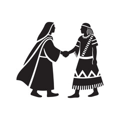 Pilgrim and Native American Shaking Hands – Unity Silhouette Vector in Black and White