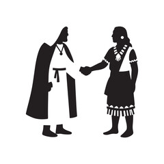 Pilgrim and Native American Shaking Hands – Unity Silhouette Vector in Black and White