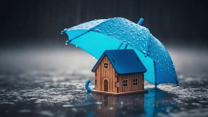 A small wooden house model sits under a blue umbrella in the rain, symbolizing home protection