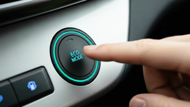 Closeup of a hand pressing the illuminated eco mode button in a cars interior