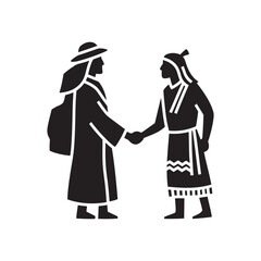 Pilgrim and Native American Shaking Hands – Unity Silhouette Vector in Black and White