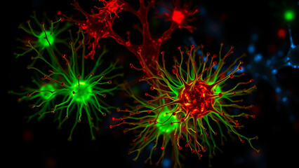 Time-lapse microscopy of microglia (green) engulfing beta-amyloid plaques (red) in Alzheimer's brain tissue, glowing synapses (blue), cinematic illumination.