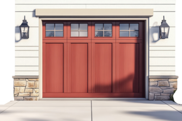 An inviting cherry red wood garage door evokes charm and promises security in a suburban home on transparent background