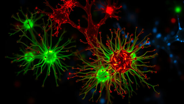 Time-lapse microscopy of microglia (green) engulfing beta-amyloid plaques (red) in Alzheimer's brain tissue, glowing synapses (blue), cinematic illumination.