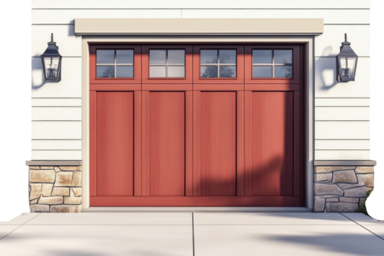 An inviting cherry red wood garage door evokes charm and promises security in a suburban home on transparent background - Powered by Adobe
