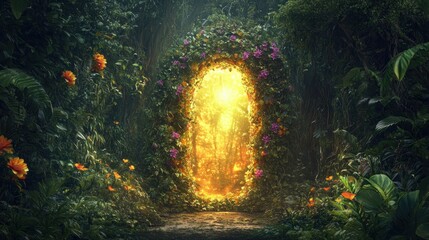 Lush jungle path opens to a radiant portal