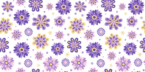 Pattern with abstract bright flowers. Set of simple plant drawings. Hand drawn illustration. Seamless background, texture.