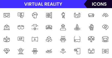 Vector illustration web line icon collection for Virtual Reality, featuring sleek headsets, controllers, and immersive digital worlds, designed with modern, minimalist aesthetics. © flattenx