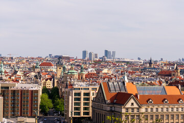Contrast between historical and modern skyline of Prague, Czech Republic