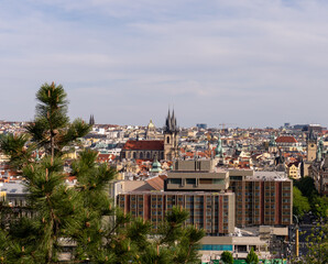 Contrast between historical and modern skyline of Prague, Czech Republic