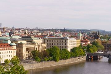 Panoramic view of Prague with Vltava River and historic bridges