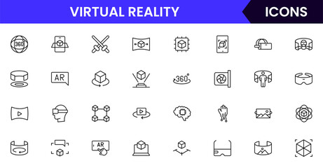 Vector illustration web line icon collection for Virtual Reality, featuring sleek headsets, controllers, and immersive digital worlds, designed with modern, minimalist aesthetics.