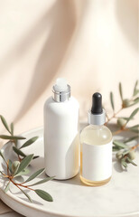 Minimalist skincare scene featuring a spray bottle and dropper bottle on a matte ceramic tray with olive branches and linen fabric. Soft light and neutral tones create a calm, natural aesthetic.