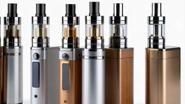 Collection of vaping devices in diverse materials and metallic finishes set on a stark white surface for product showcase