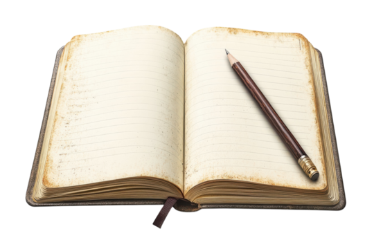 A vintage journal open and awaiting stories invites you to fill its pages with your dreams on transparent background