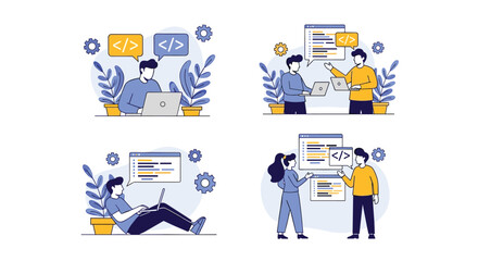 Illustrations showcasing software development and coding teamwork in a digital environment with modern flat design elements and blue and yellow color palettes