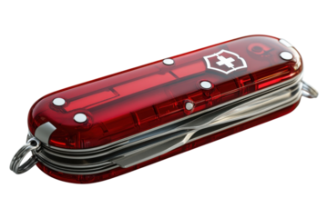A vibrant iconic red Swiss Army knife a symbol of preparedness and adventure gleaming brightly on transparent background