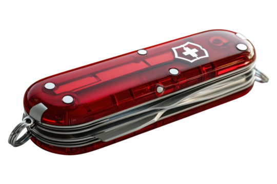 A vibrant iconic red Swiss Army knife a symbol of preparedness and adventure gleaming brightly on transparent background