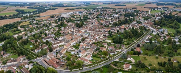 Aerial panorama View Of The Old town in the city Rozay-en-Brie, In France on a sunny spring...