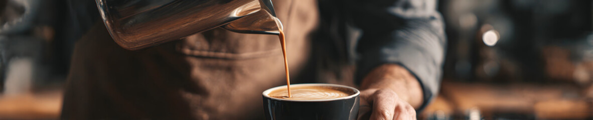 Friendly Barista Pouring Coffee Warm Toned Background with Space for Promotional Text captures the cozy, inviting atmosphere modern café experience. The barista’s warm smile skillful pour reflect care