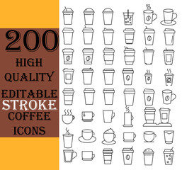 Coffee cup icon set. Paper cup icon. coffee, paper, drink, cup, disposable, mug, container, and More. editable stroke. vector illustration 