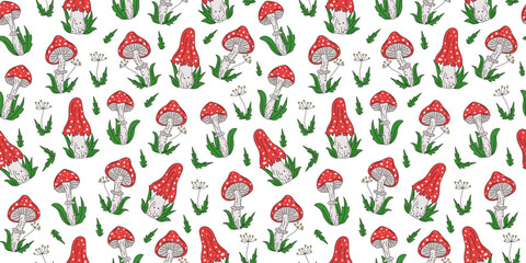 The pattern seamless, cartoon mushrooms. Amanita, fly agaric, mushrooms and leaves. Hand drawn icons, doodle drawings, illustration.