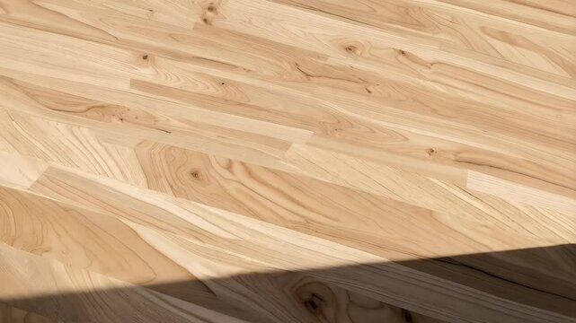Close up of a light brown hardwood floor surface with natural wood grain, planks arranged in a herringbone pattern at an angle.
