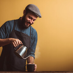 Friendly Barista Pouring Coffee Warm Toned Background with Space for Promotional Text captures the cozy, inviting atmosphere modern café experience. The barista’s warm smile skillful pour reflect care