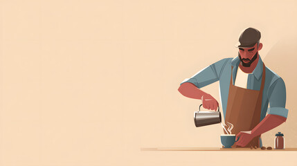 Friendly Barista Pouring Coffee Warm Toned Background with Space for Promotional Text captures the cozy, inviting atmosphere modern café experience. The barista’s warm smile skillful pour reflect care