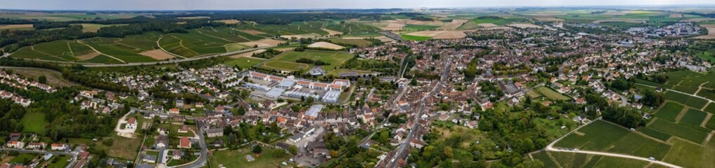 Aerial panorama View Of The Old town in the city Sézanne, In France on a sunny spring afternoon
