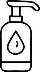 Simple black line drawing of a pump dispenser bottle with a water droplet symbol on its front representing hygiene and cleanliness