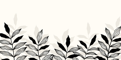 Leaves branch and Hand Drawn doodle Scribble floral plants banner. Abstract leaf. Creative minimalist Abstract art background. Design wall decoration, postcard, poster or brochure.
