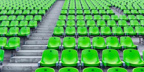 Obraz premium Rows of bright green plastic stadium chairs ascending concrete stairs, perspective, bleachers