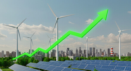 Wind turbines with city skyline background and green arrow showing financial growth, ideal for sustainable business and investment themes.