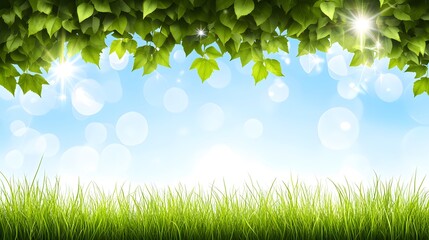 Fototapeta premium Vibrant Green Grass and Leaves Spring Summer Nature Background