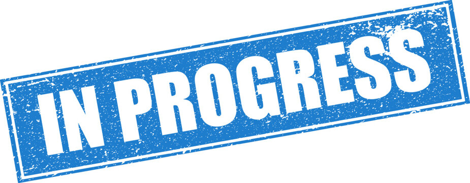 Blue In Progress Rubber Stamp Word Text Written in Reverse Button Grunge Vector in Double Sharp Border, Vintage, Transparent Background, Svg, Png