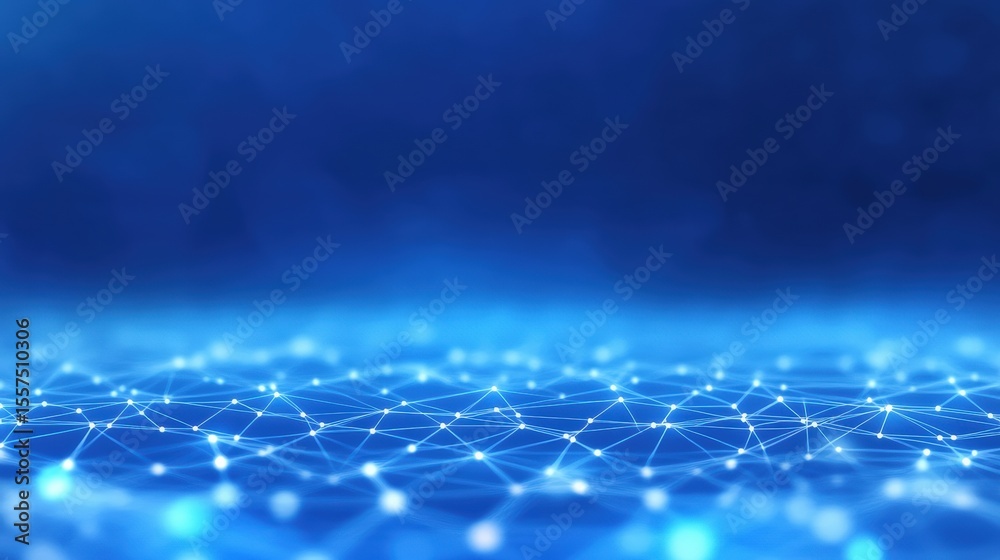 Poster a digital network landscape with interconnected glowing nodes against a blue gradient background, sy