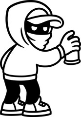 Graffiti artist character black and white comic style drawing. Masked person spray painting on the wall. Vector clipart illustration.