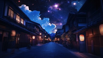 Fototapeta premium Night street scene, starry sky, traditional Japanese houses