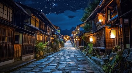 Night street in a Japanese village. Wooden houses line a cobblestone path under a starry sky