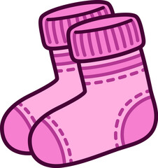 Pair of warm pink socks, cute cartoon drawing. Simple hand drawn doodle vector clipart illustration.