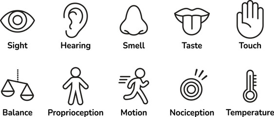 Icon set of human senses of perception. Sight, smell, hearing, touch, taste and sense of balance, temperature, body and pain. Simple, minimal line icons vector illustration.