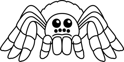 Cute cartoon tarantula spider drawing. Black and white line art vector illustration.