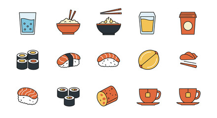 Colorful Food and Drink Icon Set – Sandwiches, Desserts, Beverages, and Snacks