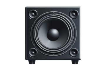 A sleek black subwoofer pumping out the beat ready to bring the party to life showcasing on transparent background