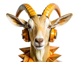 Closeup portrait of a goat wearing stylish orange headphones, isolated on transparent background, with a cool and modern aesthetic