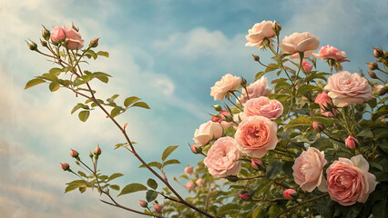 Romantic Pink Roses Against a Soft Blue Sky Evoking Serenity and Natural Beauty in a Dreamlike Artistic Style