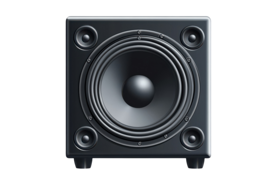 A sleek black subwoofer pumping out the beat ready to bring the party to life showcasing on transparent background