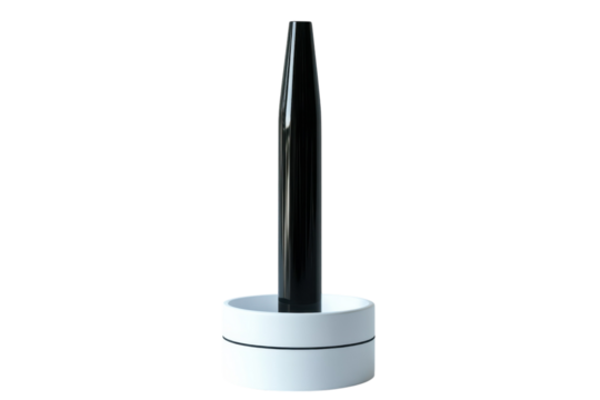 A sleek black kohl eyeliner standing elegantly in a circular white base evoking modern beauty on transparent background