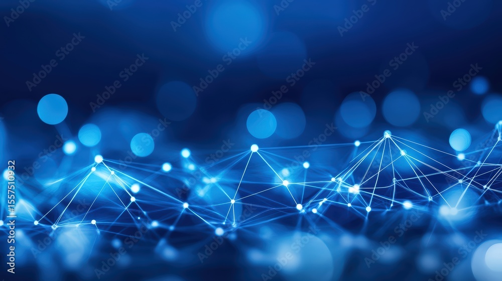 Poster abstract blue digital network with interconnected nodes and lines representing data transfer and com